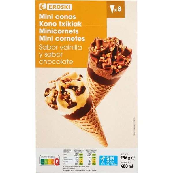 Miniconos de vainilla y chocolate EROSKI, 8 uds, caja 236 g - 0.24 kg - Imagen del producto en Findit
