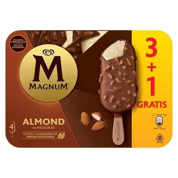 Helado de almendras MAGNUM, 3+1 uds, caja 300 g - 0.3 kg - Imagen del producto en Findit