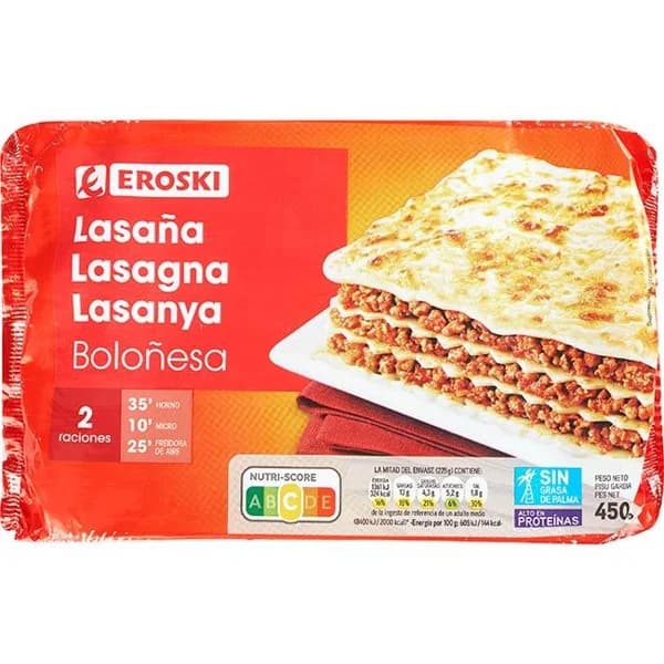 Lasaña boloñesa EROSKI, bandeja 450 g - 0.45 kg - Imagen del producto en Findit