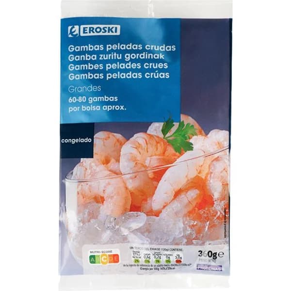 Gamba pelada grande 60/80 EROSKI, bolsa 360 g - 0.36 kg - Imagen del producto en Findit