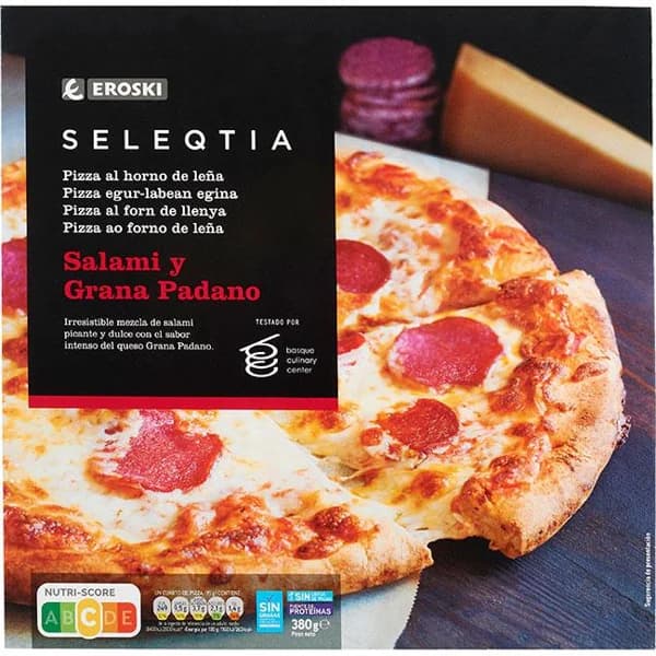 Pizza de salami-grana padano Eroski SELEQTIA, 1 ud., 380 g - 0.38 kg - Imagen del producto en Findit