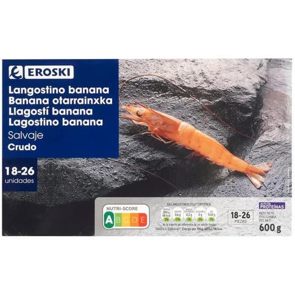 Langostino salvaje crudo 18/26 grande EROSKI, caja 600 g - 0.6 kg - Imagen del producto en Findit