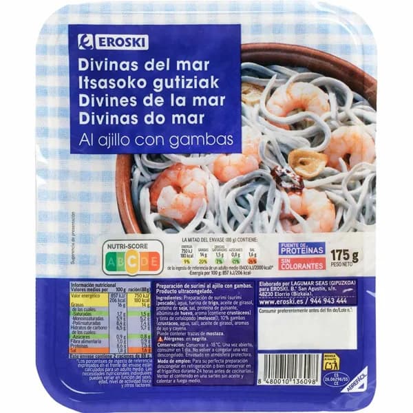 Divinas del mar al ajillo con gambas EROSKI, bandeja 175 g - 0.18 kg - Imagen del producto en Findit