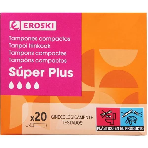 Tampón super+ plus con aplicador compacto EROSKI, caja 20 uds - 20 ud - Imagen del producto en Findit