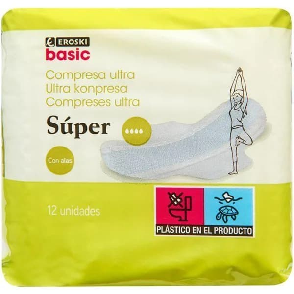 Compresa ultra alas super EROSKI BASIC, paquete 12 uds - 12 ud - Imagen del producto en Findit