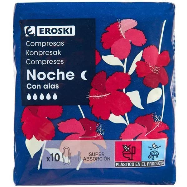 Compresas de noche con alas EROSKI, paquete 10 unid. - 10 ud - Imagen del producto en Findit