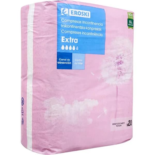 Compresa de incontinencia extra EROSKI, paquete 20 uds - 20 ud - Imagen del producto en Findit
