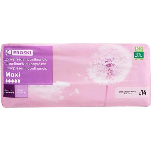Compresa de incontinencia maxi EROSKI, paquete 14 uds - 14 ud - Imagen del producto en Findit