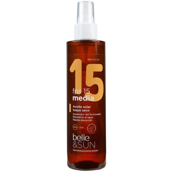 Aceite solar FPS15 tacto seco BELLE, spray 200 ml - 1 ud - Imagen del producto en Findit