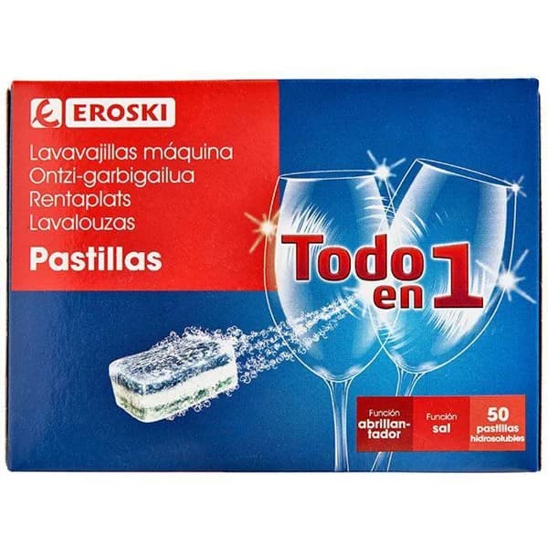 Pastillas lavavajillas Todo en 1 EROSKI, caja 50 dosis - 50 ud - Imagen del producto en Findit