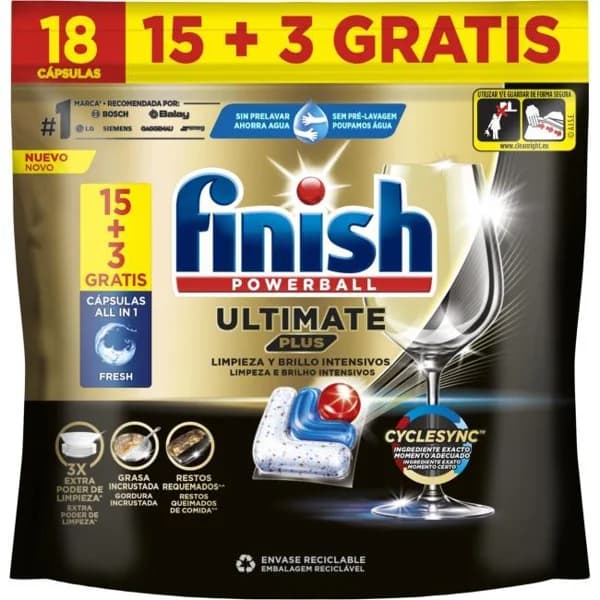 Lavavajillas máquina FINISH ULTIMATE +, bolsa 15+3 dosis - 3 ud - Imagen del producto en Findit