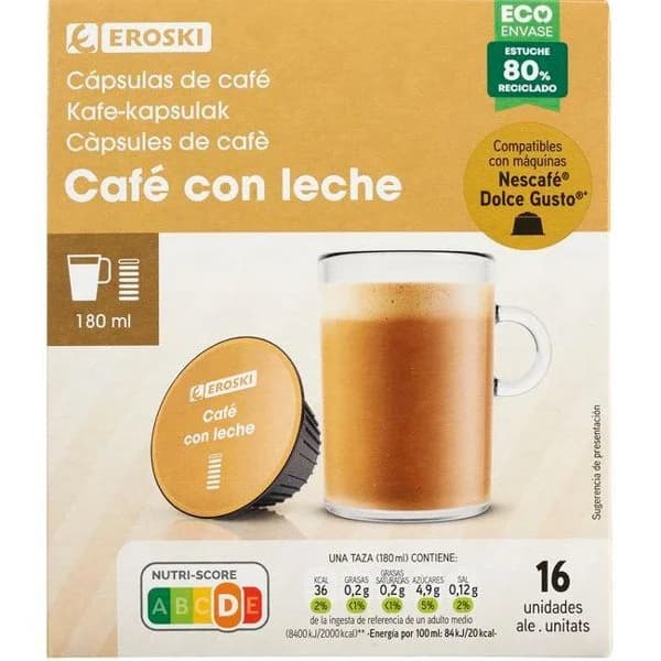 Café con leche comp. Dolce Gusto EROSKI, caja 16 uds - 16 ud - Imagen del producto en Findit