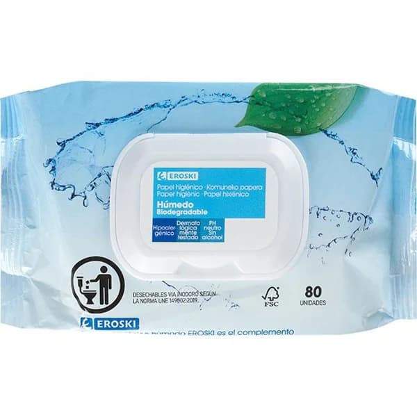 Papel higiénico húmedo biodegradable EROSKI, paquete 80 uds - 80 ud - Imagen del producto en Findit