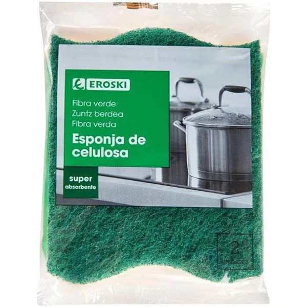 Estropajo verde con esponja vegetal EROSKI, pack 2 uds - 2 ud - Imagen del producto en Findit