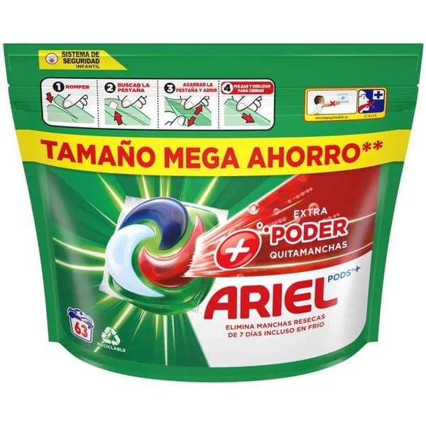 Detergente en cápsulas Extra Poder ARIEL OXI, bolsa 63 dosis - 1 ud - Imagen del producto en Findit