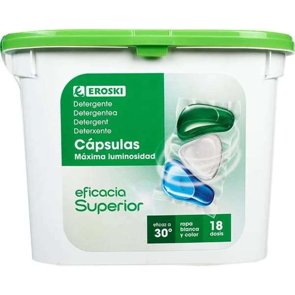 Detergente en cápsulas tricamara EROSKI, caja 18 dosis - 18 ud - Imagen del producto en Findit