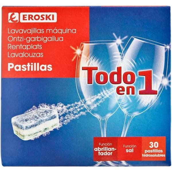 Pastillas lavavajillas Todo en 1 EROSKI, caja 30 dosis - 30 ud - Imagen del producto en Findit