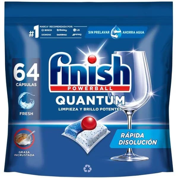 Lavavajillas máquina FINISH QUANTUM, bolsa 64 dosis - 64 ud - Imagen del producto en Findit