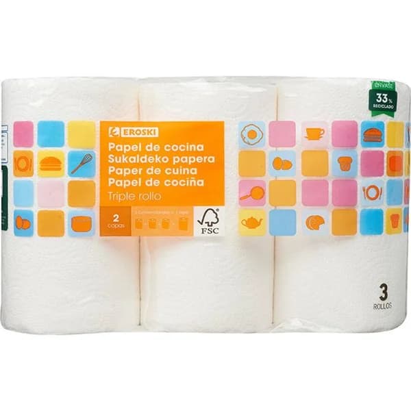 Papel de cocina triple rollo EROSKI, paquete 3=9 rollos - 9 ud - Imagen del producto en Findit