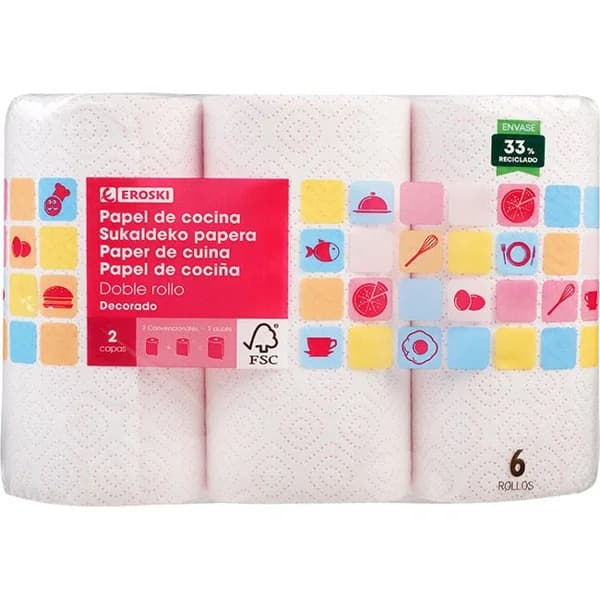 Papel cocina doble rollo decorado EROSKI, paquete 6=12 rollos - 12 ud - Imagen del producto en Findit
