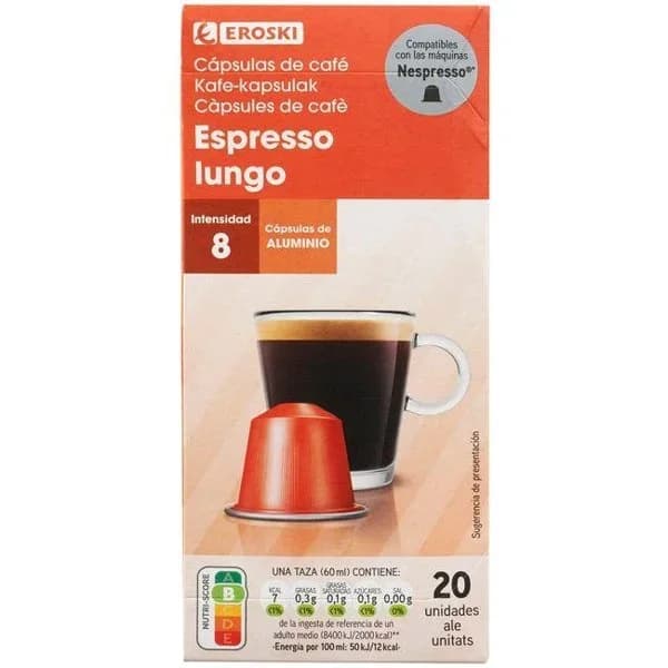 Café expresso lungo compatible Nespresso EROSKI, caja 20 uds - 20 ud - Imagen del producto en Findit