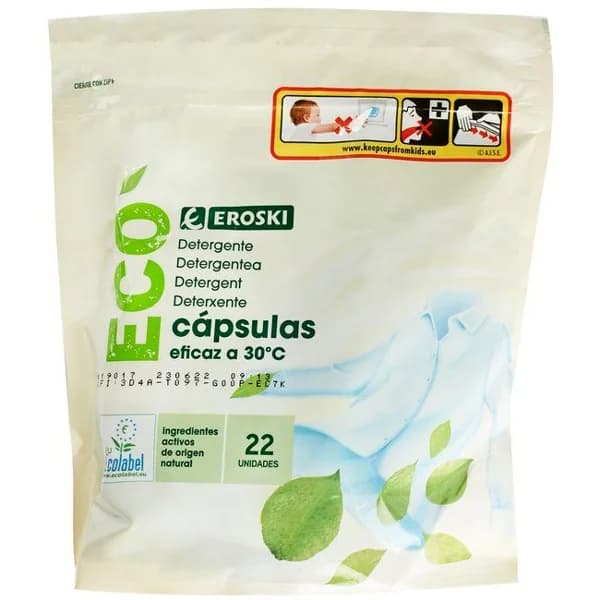 Detergente en cápsulas ecolabel EROSKI, botella 22 dosis - 22 ud - Imagen del producto en Findit