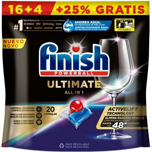 Lavavajillas máquina FINISH ULTIMATE, bolsa 20 dosis - 20 ud - Imagen del producto en Findit