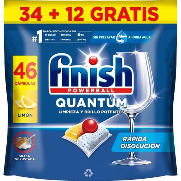 Lavavajillas limón en cápsulas FINISH QUANTUM, bolsa 34+12 dosis - 12 ud - Imagen del producto en Findit