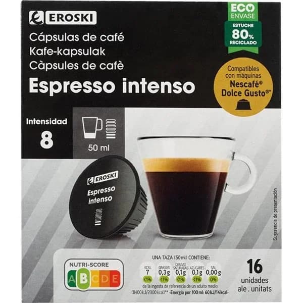 Café expresso intenso compatible Dolce Gusto EROSKI, caja 16 uds - 16 ud - Imagen del producto en Findit