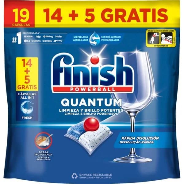 Lavavajillas máquina FINISH QUANTUM, bolsa 14+5 dosis - 5 ud - Imagen del producto en Findit