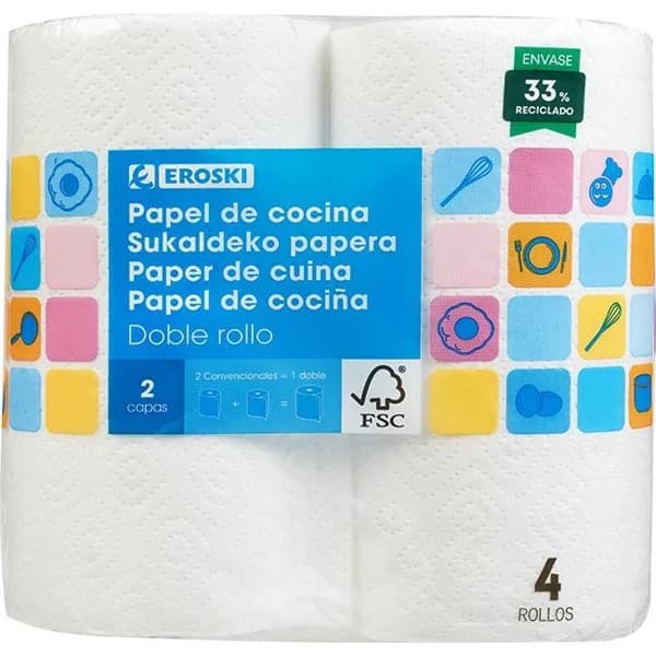 Papel de cocina compacto doble rollo EROSKI, paquete 4=8 rollos - 8 ud - Imagen del producto en Findit