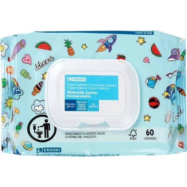 Papel higiénico húmedo junior EROSKI, paquete 60 unid. - 60 ud - Imagen del producto en Findit