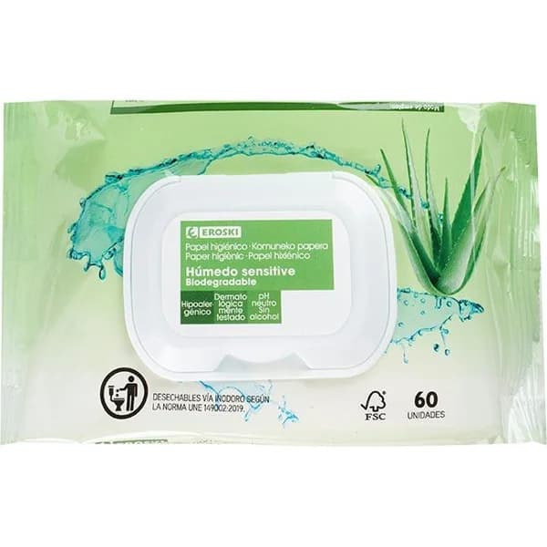 Papel higiénico húmedo sensitive EROSKI, paquete 60 uds - 60 ud - Imagen del producto en Findit