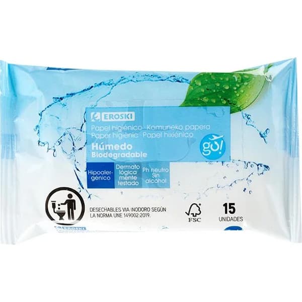 Papel higiénico húmedo biodegradable Go! EROSKI, pack 15 unid. - 15 ud - Imagen del producto en Findit