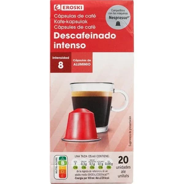 Café descafeinado compatible Nespresso EROSKI, caja 20 uds - 20 ud - Imagen del producto en Findit
