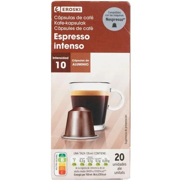 Café expresso intenso compatible Nespresso EROSKI, caja 20 uds - 20 ud - Imagen del producto en Findit