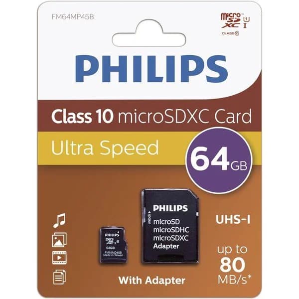 Tarjeta MicroSD con adaptador, 64GB Class 10 MicroSDXC PHILIPS - 1 ud - Imagen del producto en Findit