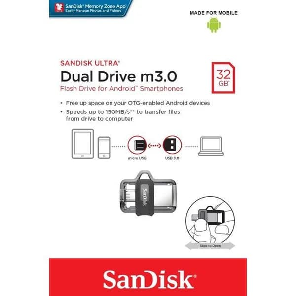 Pendrive 2 conectores micro USB y USB 3.0, 32 GB OTG SD3 SANDISK - 3 ud - Imagen del producto en Findit