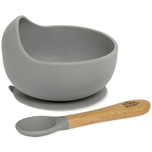 Cuenco de silicona gris con ventosa y cuchara con mango madera de haya INTERBABY - 1 ud - Imagen del producto en Findit