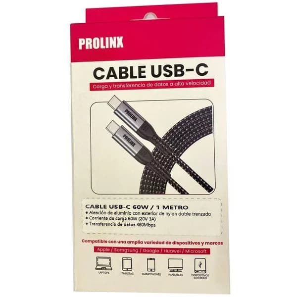 Cable de carga y transferencia USB-C a USB-C 60W, 3A nylon negro PROLINX, 1 metro - 1 ud - Imagen del producto en Findit