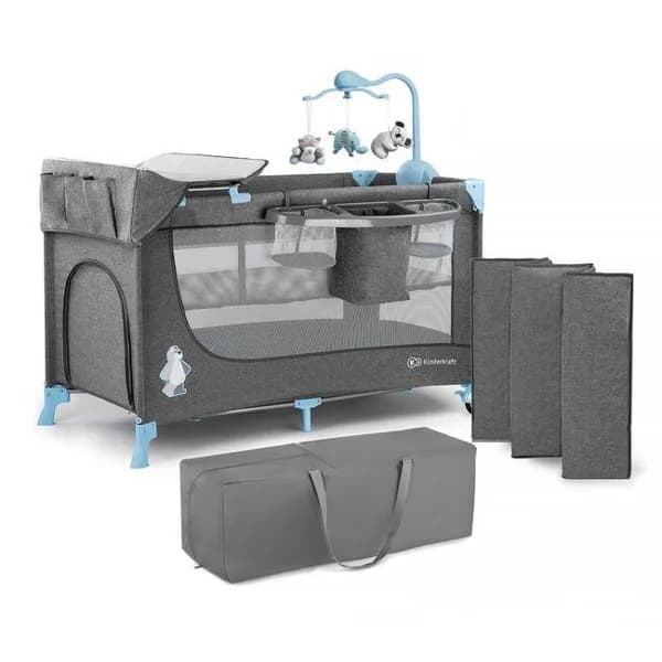 Cuna de viaje Joy Plus gris azul KINDERKRAFT Dispone de doble altura, doble entrada lateral con cremallera y ruedas para su traslado. Incluye carrusel, cambiador y estante para pañales y bolsillos para objetos. Normativa Europea EN716 - 71 ud - Imagen del producto en Findit