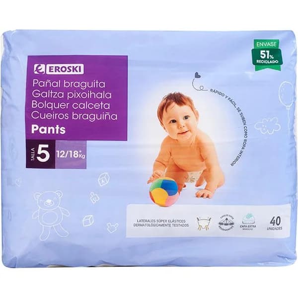 Pants canal absorbente 12-18 kg Talla 5 EROSKI, paquete 40 uds. - 1 ud - Imagen del producto en Findit