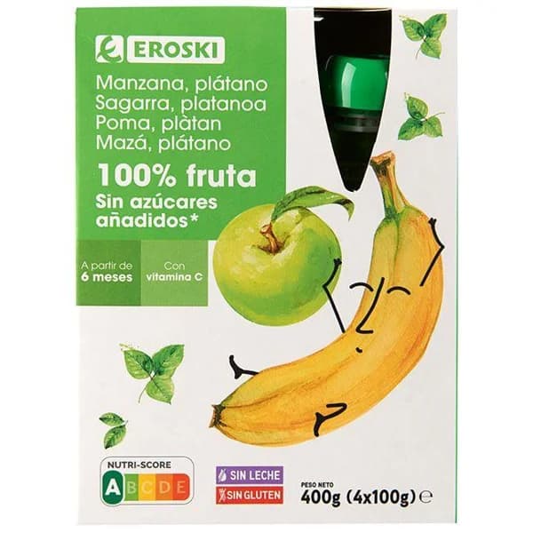 Bolsita 100% manzana-plátano EROSKI, pack 4x100 g - 0.4 kg - Imagen del producto en Findit