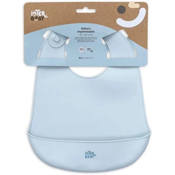 Babero imperpeable azul de silicona con bolsillo recogemigas INTERBABY - 1 ud - Imagen del producto en Findit
