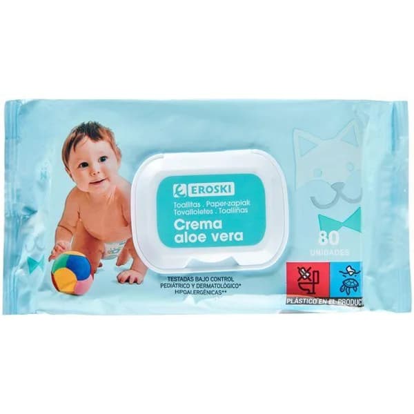 Toallitas aloe vera EROSKI BEBÉ, paquete 80 uds - 80 ud - Imagen del producto en Findit