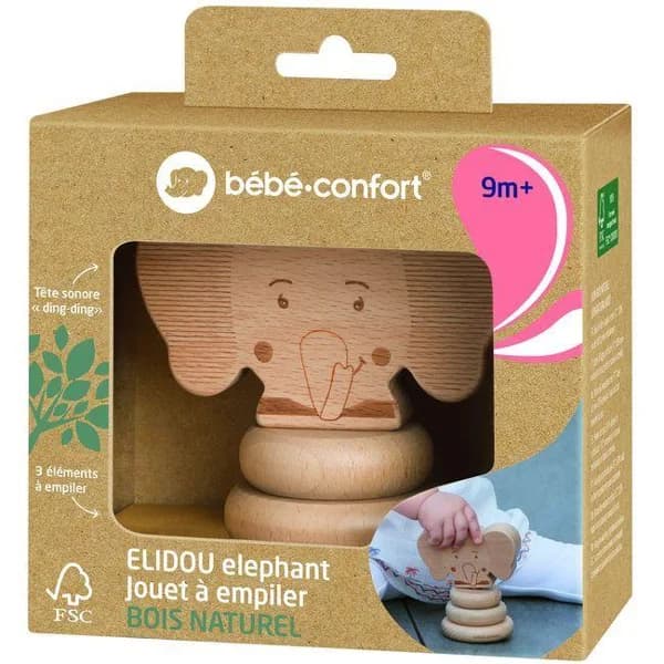 Juguete apilable de madera el elefante, cabeza de sonido con bolas musicales, promueve las habilidades motoras con 3 discos aplilables, madera de haya 100% certificada de bosques gestionados de forma sostenible BEBE CONFORT - 1 ud - Imagen del producto en Findit