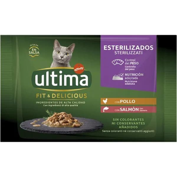 Alimento húmedo de pollo&salmón gato esteril ULTIMA, bolsa 340 g - 0.34 kg - Imagen del producto en Findit