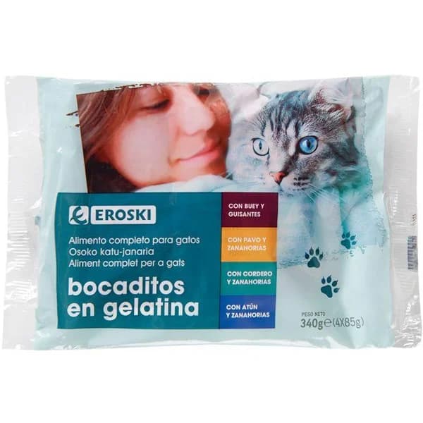 Bocaditos en gelatina pouches para gato EROSKI, pack 4x85 g - 0.34 kg - Imagen del producto en Findit