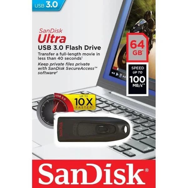 Pendrive negro USB 3.0 de 64 GB Cruzer Ultra SDCZ48 SANDISK - 48 ud - Imagen del producto en Findit