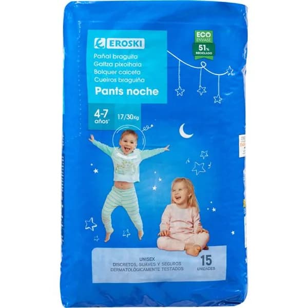 Pañal de noche 17-30 kg 4-7 años Talla 1 EROSKI, paquete 15 uds. - 1 ud - Imagen del producto en Findit